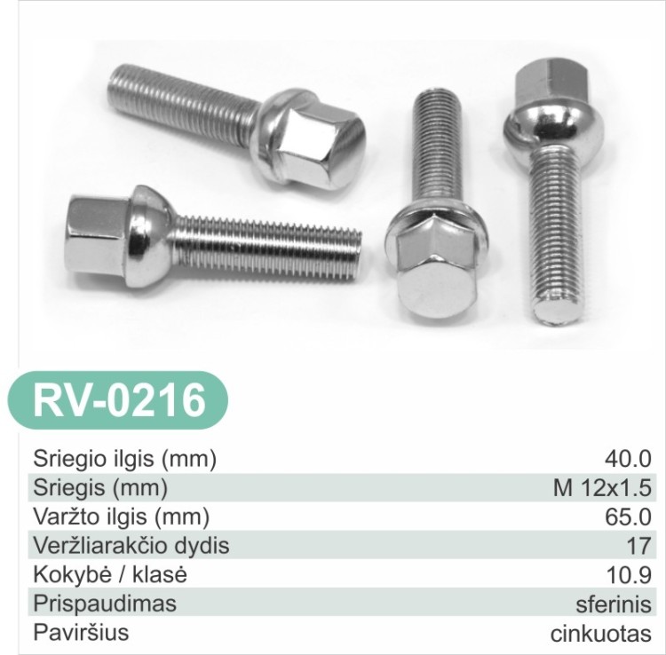 Wheel bolt M12x1.5 × 40 mm, ball (radius) – RV-0216 Wheel bolt M12x1.5 × 40 mm, ball (radius) – RV-0216