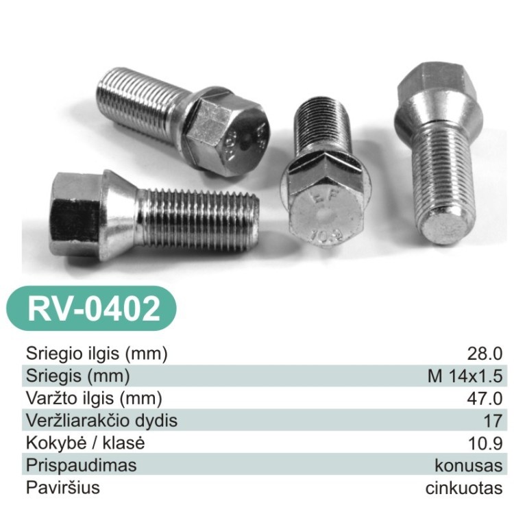 M14 x 1.5 28mm thread 17mm Hex alloy wheel bolts taper seat M14x1.5 Zinc – RV-0402 M14 x 1.5 28mm thread 17mm Hex alloy wheel bolts taper seat M14x1.5 Zinc – RV-0402
