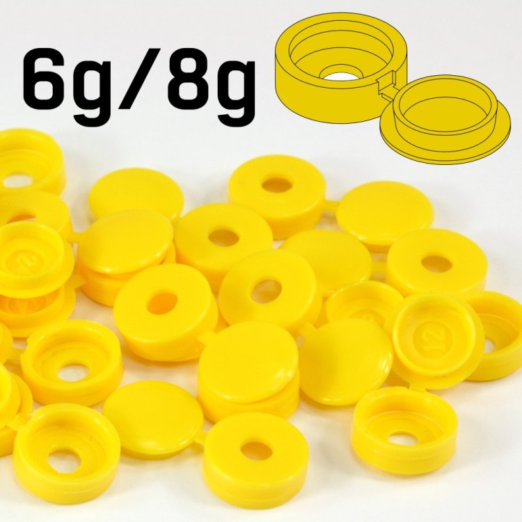 SMALL YELLOW PLASTIC SCREW COVER CAPS HINGED FOLD OVER TO FIT SIZE 6g / 8g GAUGE – FX-YELLOW-02 SMALL YELLOW PLASTIC SCREW COVER CAPS HINGED FOLD OVER TO FIT SIZE 6g / 8g GAUGE – FX-YELLOW-02