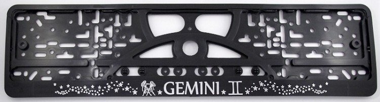 Embossed number plate frame with chrome zodiac sign "DVYNIAI" (Gemini) – R3-40321