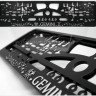 Embossed number plate frame with chrome zodiac sign "DVYNIAI" (Gemini) – R3-40321