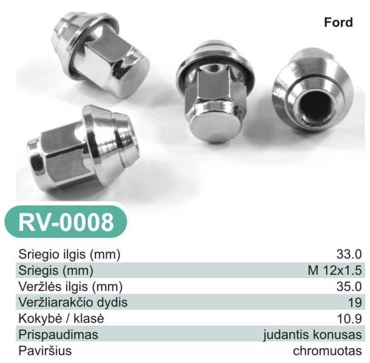 Chrome Wheel Nuts Lugs Bolts Studs M12 x 1.5 Tapered Seat 19mm Hex for Ford – RV-0008 Chrome Wheel Nuts Lugs Bolts Studs M12 x 1.5 Tapered Seat 19mm Hex for Ford – RV-0008